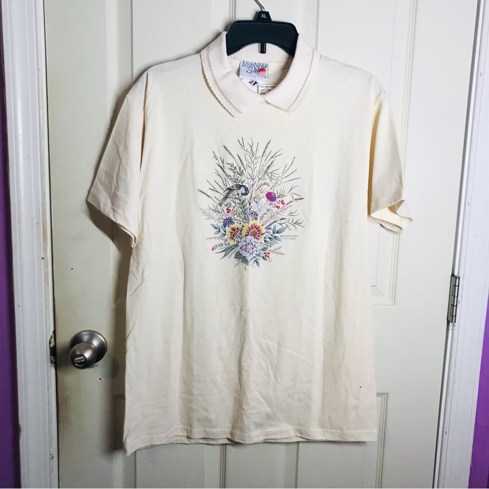 Vintage NWT Morning Sun Bird and Mouse In Flowers Polo Shirt